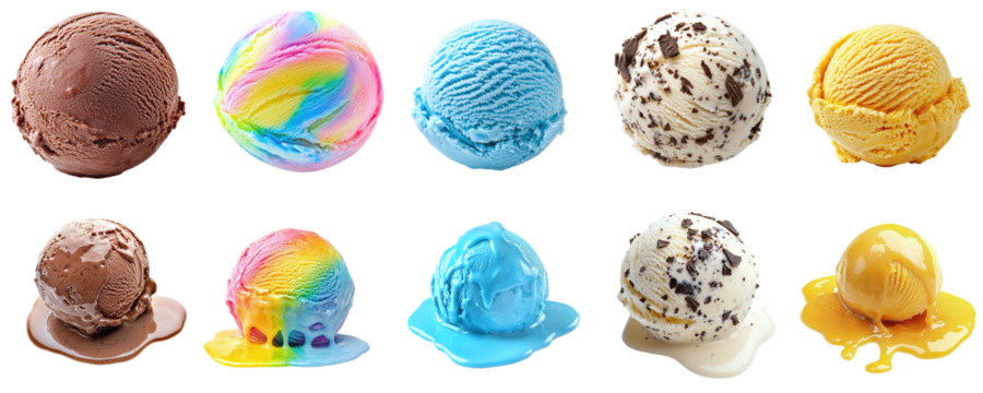 Set of different tasty ice cream balls with different fillings isolated on transparent background PNG