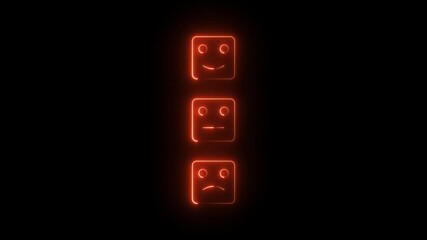 Neon feedback faces icons set on black background, glowing square emoji expressions, happy neutral and sad face symbols, customer review rating, digital feedback, user experience evaluation design - Powered by Adobe