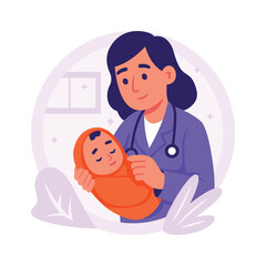 A female doctor holds a newborn baby a hospital, flat vector illustration