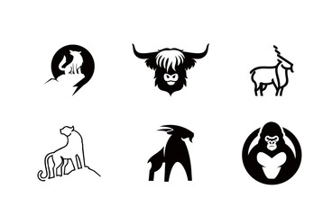 Animal Logo Design Set: Highland Cow, Wolf, Gorilla, and More