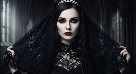 Elegant gothic queen with dark makeup and lace veil exudes mysterious allure and dramatic beauty