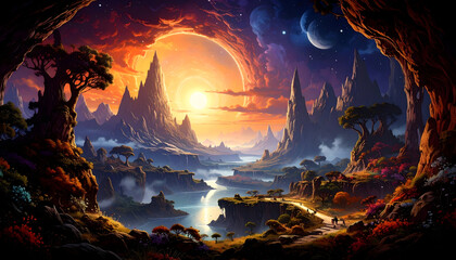 Dramatic Sunset Over Fantastical Landscape With Towering Peaks And Glowing Celestial Body Displaying Colorful Hues