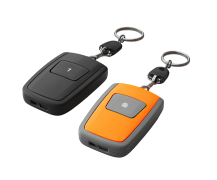 Two small, rectangular key-fobs, one black, one orange, with a button and keyring.  They're positioned slightly angled, showing their slightly raised, flat surfaces