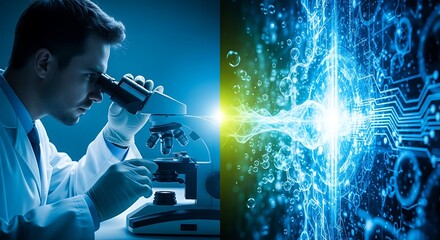 Scientist analyzing through a microscope juxtaposed with abstract digital data patterns and glowing particles, representing scientific discovery