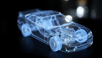 Conceptual car design and engineering blueprint revealing the complex inner workings and innovative technology on a black background