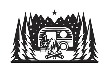 Camping Site with Trailer Campfire and Guitar on White Background