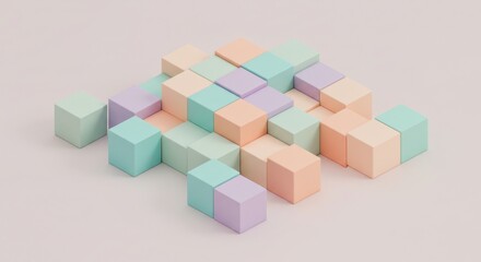 Fototapeta premium Colorful pastel wooden building blocks arranged in an abstract pattern on a light background with soft shadows and a minimalist aesthetic