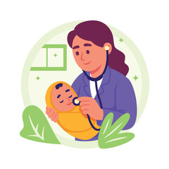 Well designed flat illustration of a pediatrician examining a baby in a clinic