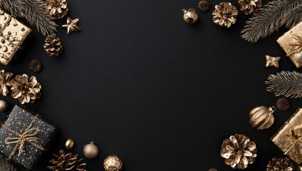 Naklejka premium Gold Christmas decorations on black background