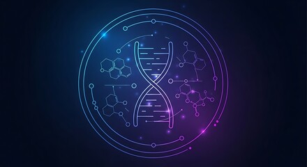 Luminous wireframe DNA helix and chemical structures within a glowing blue and purple circle on dark background.