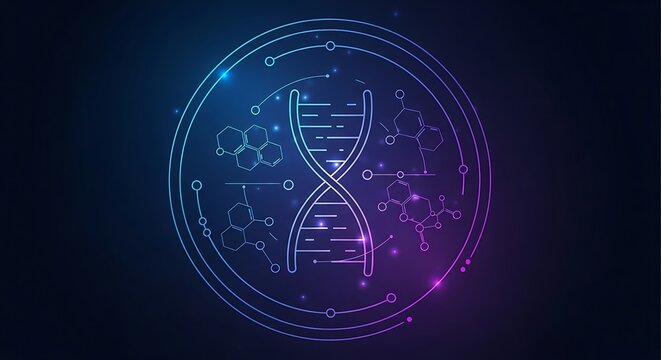 Luminous wireframe DNA helix and chemical structures within a glowing blue and purple circle on dark background.