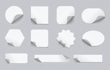 Blank White Sticker Set with Curled Corners in Various Shapes on Transparent Background
