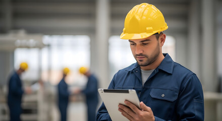 Factory Supervisor Uses Tablet, Overseeing Production