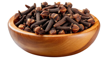 Obraz premium Aromatic Clove Display: An eye-level shot presents a wooden bowl overflowing with an assortment of fragrant, dried cloves against a bright background, showcasing the detail in each spice.
