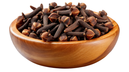 Aromatic Clove Display: An eye-level shot presents a wooden bowl overflowing with an assortment of fragrant, dried cloves against a bright background, showcasing the detail in each spice.