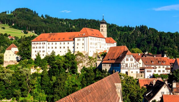 Hilltop castle overlooks town, red roofs, green hills