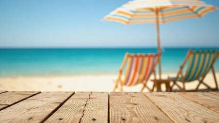 Beach scene wooden planks two striped deck chairs under an umbrella on sand ocean blue sky