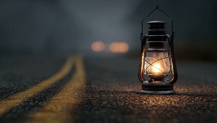 Dark road, lantern glows