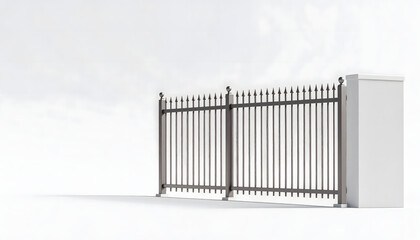 A tall black metal gate with pointed finials, partially open on a simple, light background