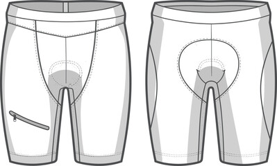 Men's Performance Cycling Shorts with Ergonomic Padding and Side Zip Pocket, Fashion Technical Flat Sketch, Apparel CAD, Active Sportswear