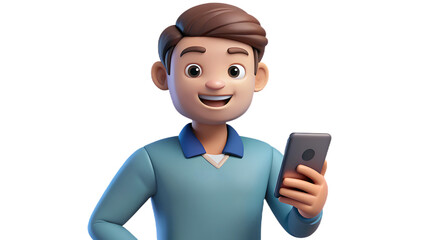 Happy 3D Cartoon Man Using Smartphone