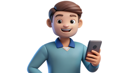 Happy 3D Cartoon Man Using Smartphone