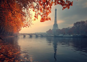 Autumnal Parisian river scene with Eiffel Tower