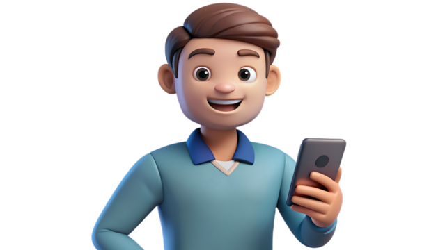 Happy 3D Cartoon Man Using Smartphone