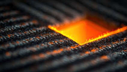 Close-up of textured dark fabric with glowing orange square