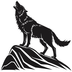Fierce black wolf silhouette standing on a rocky cliff, head lifted in a majestic howl, detailed sharp fur edges, strong stance, high-contrast minimalist vector style, clean lines, centered compositio