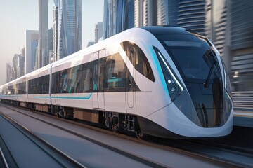 Naklejka premium Modern train moving through a city