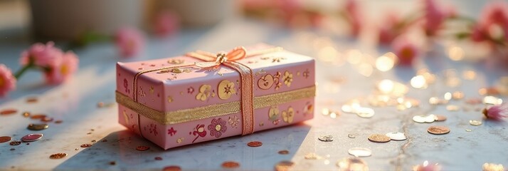 Elegant pink gift box with floral design and glittering ribbon on festive background