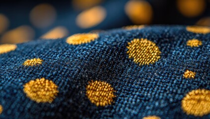 Close-up of textured navy fabric with golden polka dots