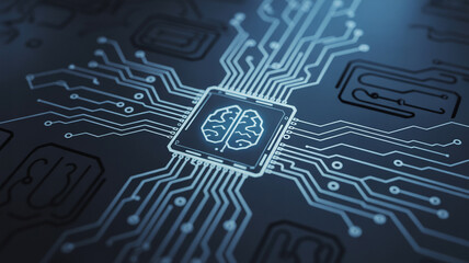 High-tech circuit board with an icon of the human brain glowing in blue
