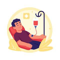 Flat illustration of a man in a hospital bed, receiving an intravenous drip.