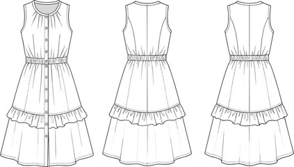 Women's Tiered Ruffle Hem Dress with Button Front, Fashion Technical Flat Sketch, Apparel Design CAD, Casual Summer Frock