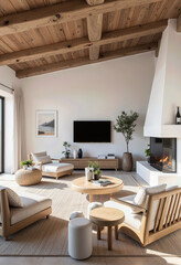 A warm and minimalist living room with a vaulted wood-beamed ceiling, a modern fireplace, and comfortable, neutral furniture for a serene Japandi-inspired interior.
