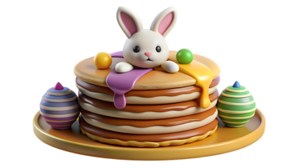 Adorable Easter Bunny on a Stack of Pancakes with Colorful Eggs