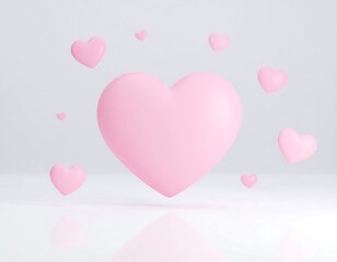 Soft Pink Hearts Floating Displayed Against a Clean White Background with Subtle Reflections