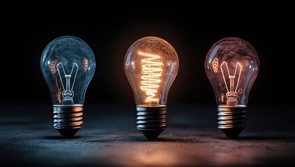 Three vintage-style light bulbs, two dimmed, one bright