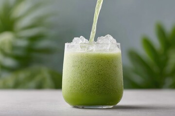 Refreshing green beverage fills glass, surrounded by lush greene