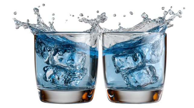 Refreshing Duo: Two glasses, filled with ice cubes and crystalline water, burst into a refreshing splash, creating a visual feast of coolness and purity. Capturing moments of aquatic refreshment 