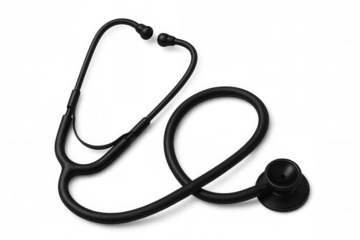 Black medical stethoscope hanging against transparent backdrop, symbolizing diagnostic healthcare equipment used by clinicians