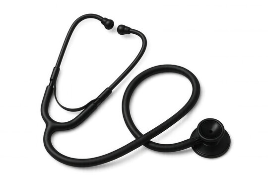 Black medical stethoscope hanging against transparent backdrop, symbolizing diagnostic healthcare equipment used by clinicians