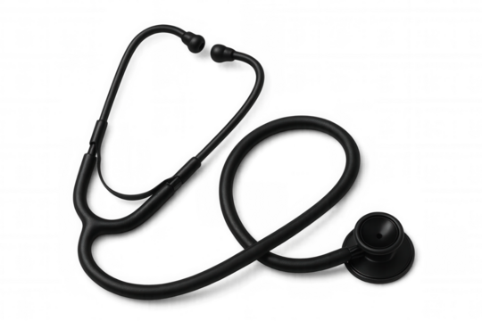Black medical stethoscope hanging against transparent backdrop, symbolizing diagnostic healthcare equipment used by clinicians