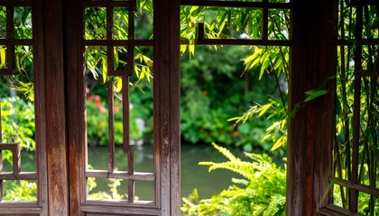 Wooden gazebo with lattice framing a tranquil garden scene