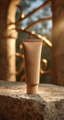 Beige tube of cream on textured stone, sunlit backdrop