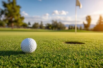 Obraz premium Golf ball on a green, sunny day