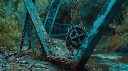 A captivating view of a weathered metal bridge and rusty chains over tranquil waters