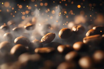 Close-up of coffee beans in smoke, blurred background